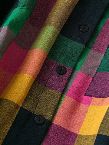 LUNE Women's Front Button Long Sleeve Plaid Casual Blouse