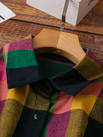 LUNE Women's Front Button Long Sleeve Plaid Casual Blouse