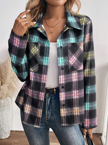 LUNE Women's Front Button Long Sleeve Plaid Pocket Casual Shirt