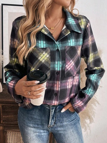 LUNE Women's Front Button Long Sleeve Plaid Pocket Casual Shirt
