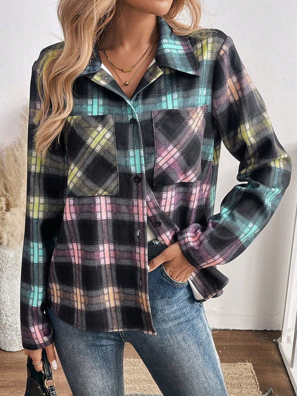 LUNE Women's Front Button Long Sleeve Plaid Pocket Casual Shirt