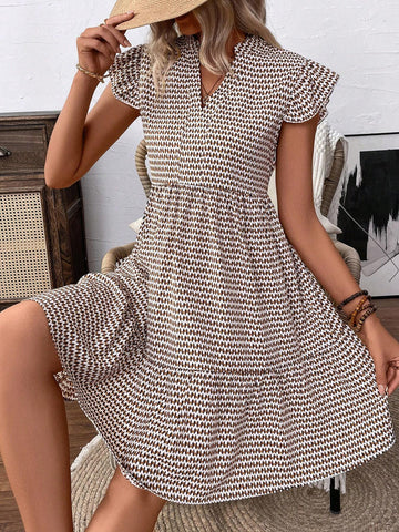 Women's Full-Print Notched Neckline With Ruffled Hem Casual Summer Dress