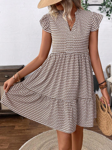 Women's Full-Print Notched Neckline With Ruffled Hem Casual Summer Dress