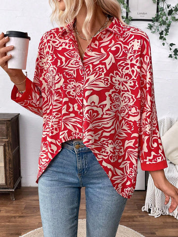 LUNE Women's Full Allover Print Asymmetrical Hem Casual Long Sleeve Shirt With