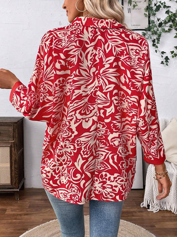 LUNE Women's Full Allover Print Asymmetrical Hem Casual Long Sleeve Shirt With