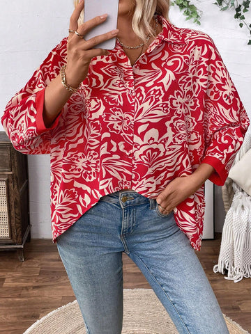 LUNE Women's Full Allover Print Asymmetrical Hem Casual Long Sleeve Shirt With
