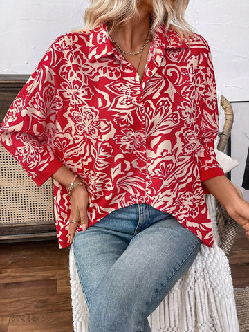 LUNE Women's Full Allover Print Asymmetrical Hem Casual Long Sleeve Shirt With