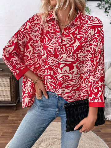 LUNE Women's Full Allover Print Asymmetrical Hem Casual Long Sleeve Shirt With