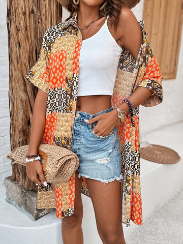 Women's Full Print Pattern Shirt Dress