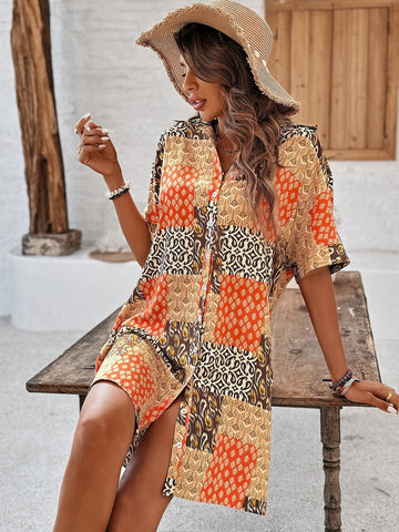 Women's Full Print Pattern Shirt Dress