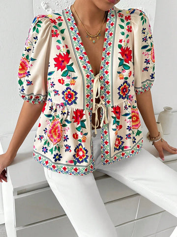 LUNE Women's Full Print Tie Bow Puff Sleeve Short Sleeve Blouse