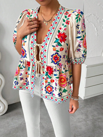 LUNE Women's Full Print Tie Bow Puff Sleeve Short Sleeve Blouse