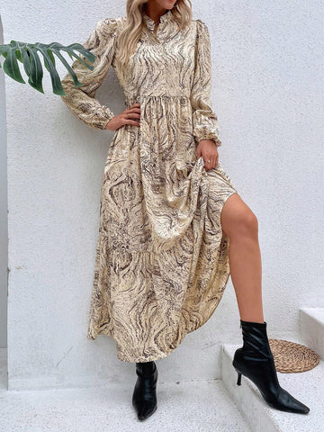 Women's Full Printed Stand Collar Half Placket Long Sleeve Dress