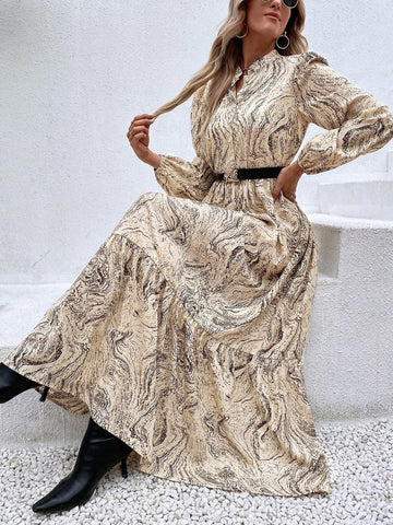 Women's Full Printed Stand Collar Half Placket Long Sleeve Dress