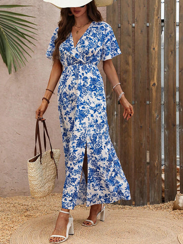 Women's Full Printed V-Neck Short Sleeve High Slit Maxi Dress