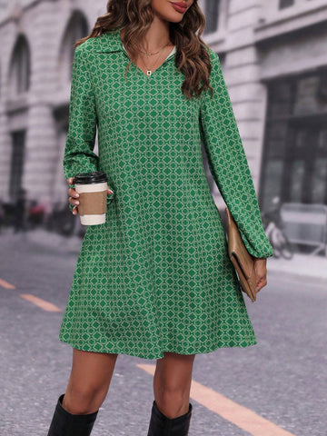 Women's Geometric Print Lantern Sleeve Casual Loose Straight Dress, Spring/Summer