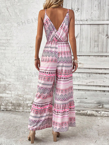 Women's Geometric Printed Casual Jumpsuit With Spaghetti Straps