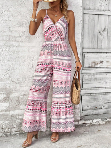Women's Geometric Printed Casual Jumpsuit With Spaghetti Straps