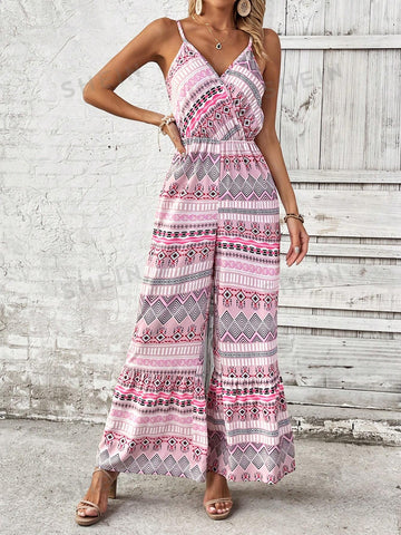 Women's Geometric Printed Casual Jumpsuit With Spaghetti Straps