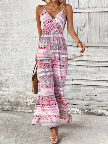 Women's Geometric Printed Casual Jumpsuit With Spaghetti Straps
