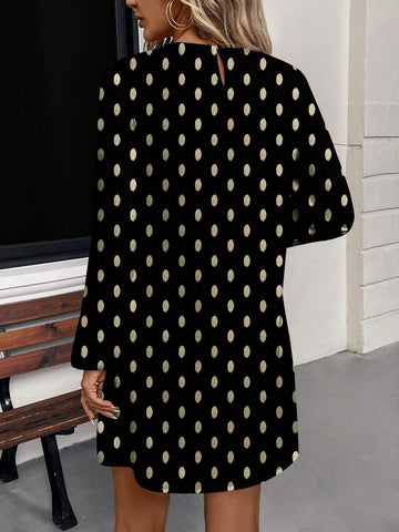 Women's Gold Dot Print Long Sleeve Shirt Dress, Suitable For Parties, Autumn/Winter