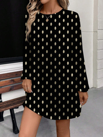 Women's Gold Dot Print Long Sleeve Shirt Dress, Suitable For Parties, Autumn/Winter