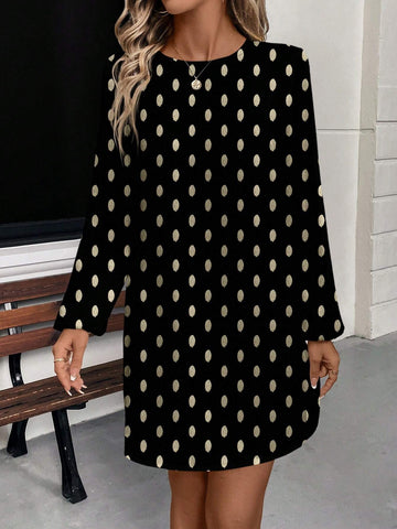 Women's Gold Dot Print Long Sleeve Shirt Dress, Suitable For Parties, Autumn/Winter