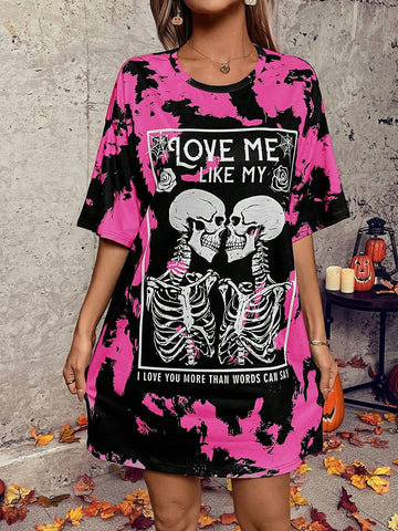 Women's Halloween Tie-Dye Skeleton Print Oversized T-Shirt Dress