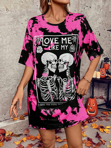 Women's Halloween Tie-Dye Skeleton Print Oversized T-Shirt Dress