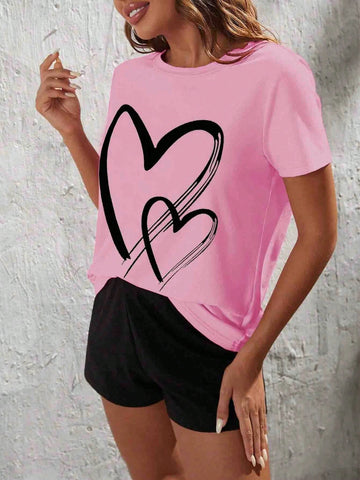 Women's Heart Printed Round Neck Short Sleeve Top And Solid Color Shorts Casual Summer 2pcs Set