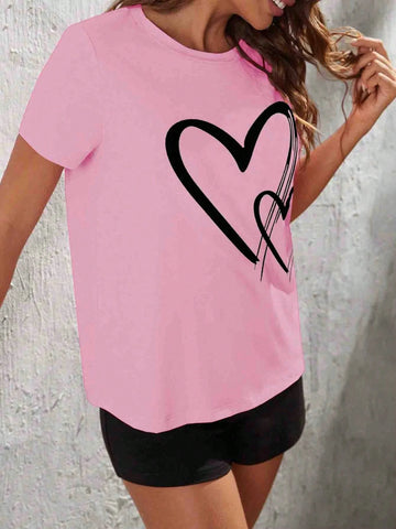 Women's Heart Printed Round Neck Short Sleeve Top And Solid Color Shorts Casual Summer 2pcs Set