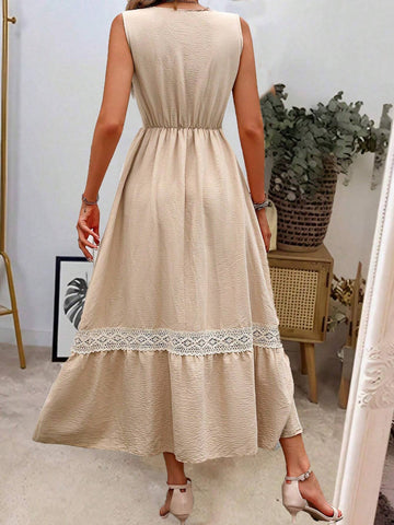 Women's Holiday Casual Color Block Lace Patchwork Sleeveless Dress With Waist Belt