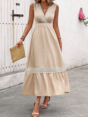 Women's Holiday Casual Color Block Lace Patchwork Sleeveless Dress With Waist Belt