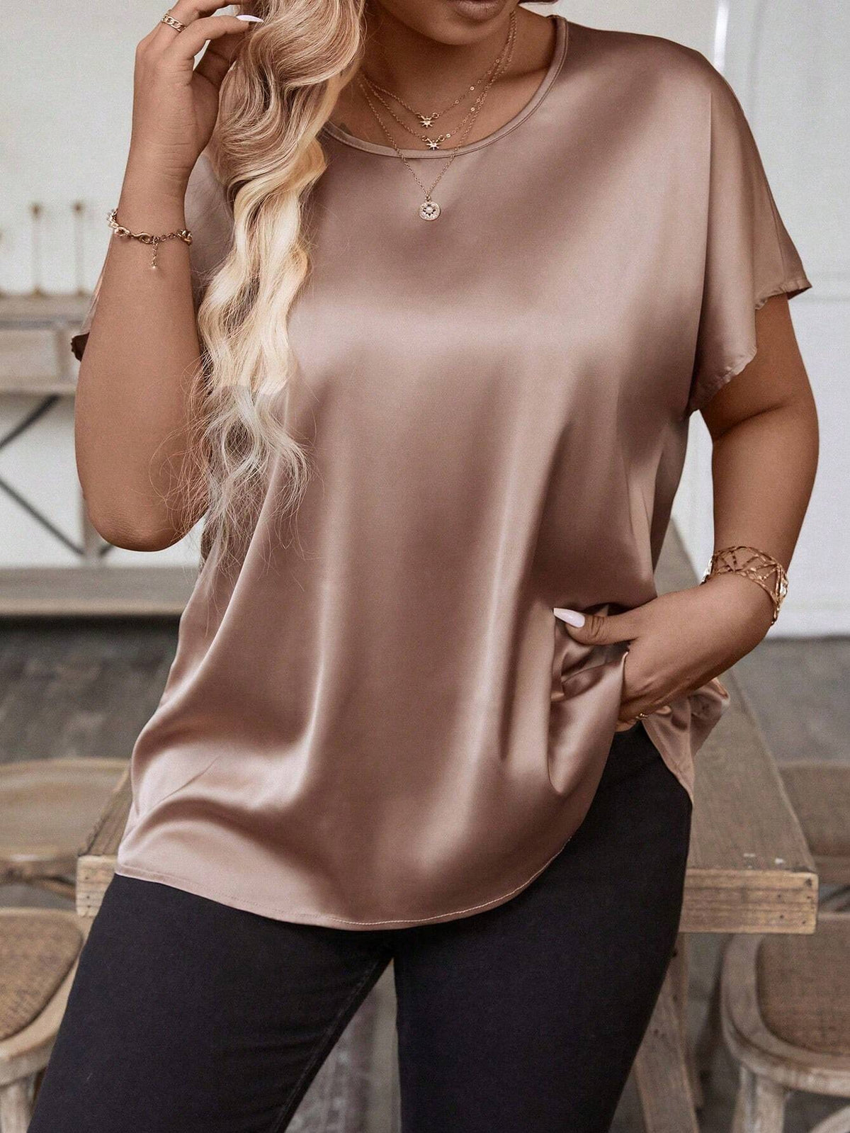 LUNE Women's Holiday Casual Solid Color Batwing Sleeve Blouse