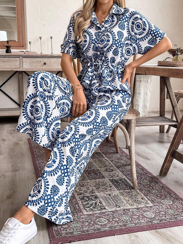 Women's Floral Print Short Sleeve Single-Breasted Casual Wide-Leg Loose Jumpsuit