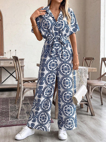 Women's Floral Print Short Sleeve Single-Breasted Casual Wide-Leg Loose Jumpsuit