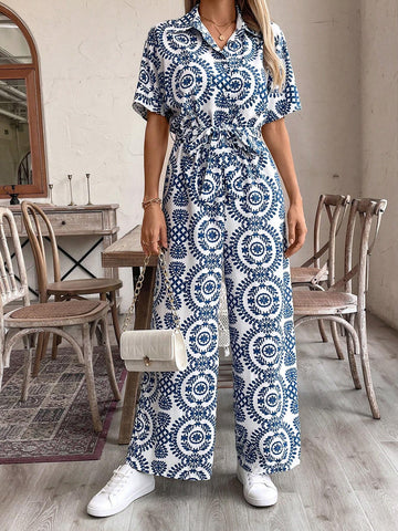 Women's Floral Print Short Sleeve Single-Breasted Casual Wide-Leg Loose Jumpsuit