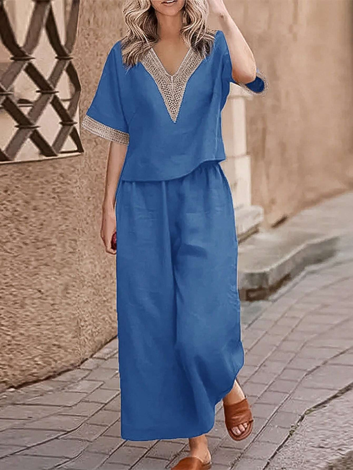 Women's Holiday Splice Lace V-Neck Batwing Sleeve Top And Wide Leg Pants Casual Two Piece Set