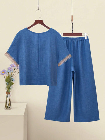 Women's Holiday Splice Lace V-Neck Batwing Sleeve Top And Wide Leg Pants Casual Two Piece Set