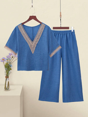 Women's Holiday Splice Lace V-Neck Batwing Sleeve Top And Wide Leg Pants Casual Two Piece Set