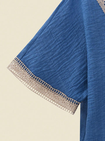 Women's Holiday Splice Lace V-Neck Batwing Sleeve Top And Wide Leg Pants Casual Two Piece Set