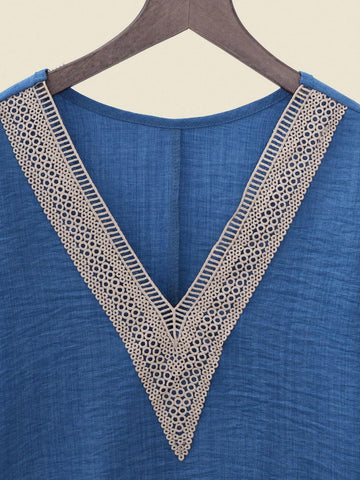 Women's Holiday Splice Lace V-Neck Batwing Sleeve Top And Wide Leg Pants Casual Two Piece Set