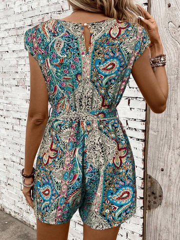 Women's Holiday Style Drape Sleeves Belted V-Neck Jumpsuit With Paisley Print