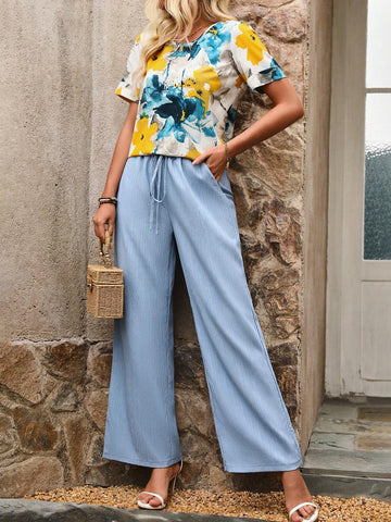 Women's Ink Flower Short Sleeve Top And Long Pants Two Piece Set