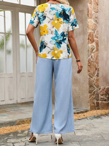 Women's Ink Flower Short Sleeve Top And Long Pants Two Piece Set