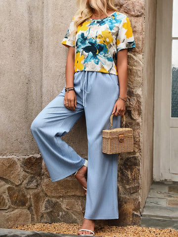 Women's Ink Flower Short Sleeve Top And Long Pants Two Piece Set