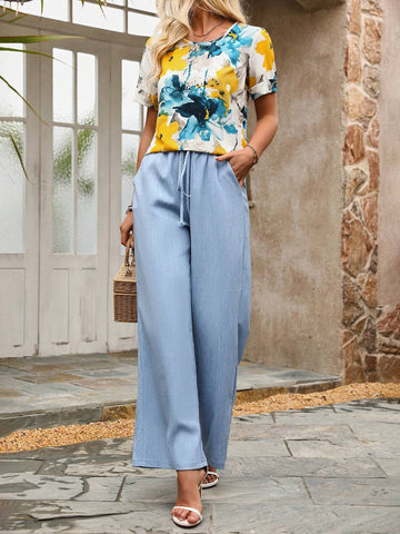 Women's Ink Flower Short Sleeve Top And Long Pants Two Piece Set