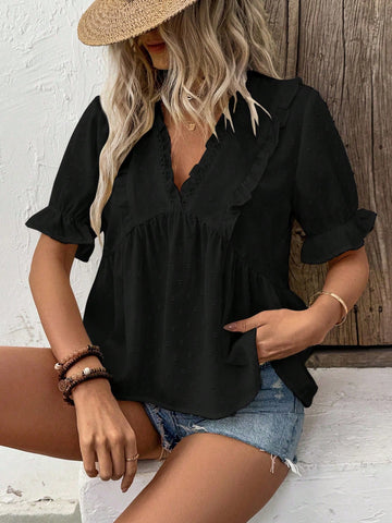 LUNE Women's Laser Cut Deep V-Neck Puff Sleeve Blouse