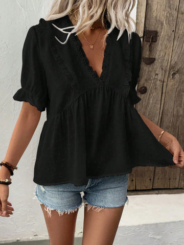 LUNE Women's Laser Cut Deep V-Neck Puff Sleeve Blouse