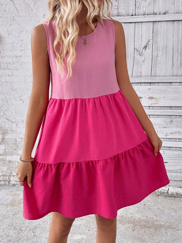Women's Leisure 35+ Elegant Style Vacation Cake Dress, Layered Contrasting Color Sleeveless Vest